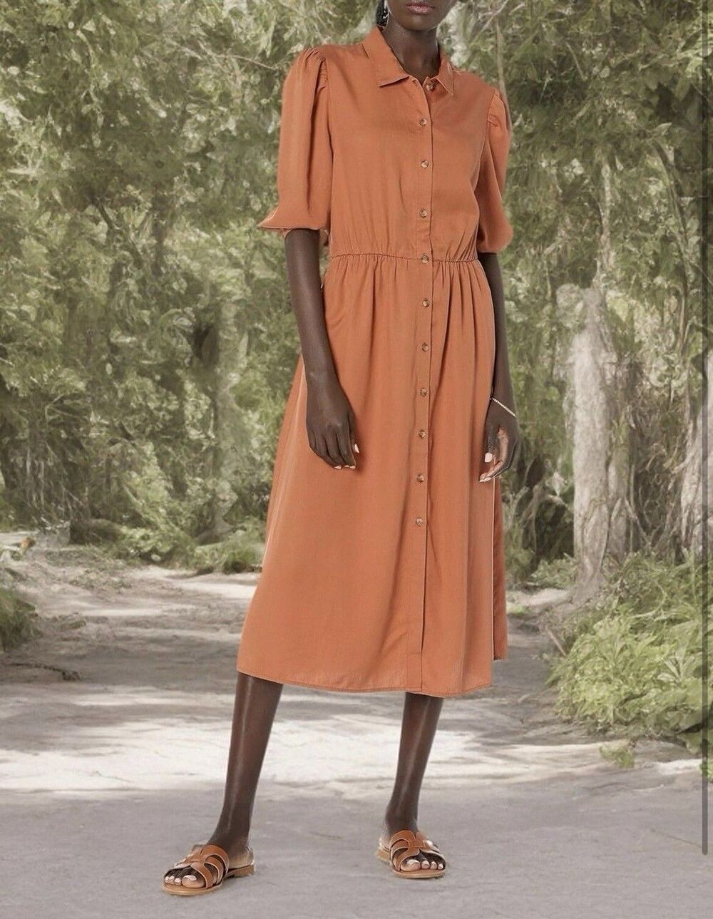 The Drop Ellen Midi Button Up Shirt Dress Puff Sleeve Auburn Size Small NWT - Picture 5 of 6
